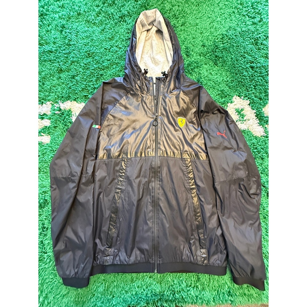 Puma Ferrari Windbreaker Jacket Mens‎ XL Black Excellent Hooded Motorsport Coat